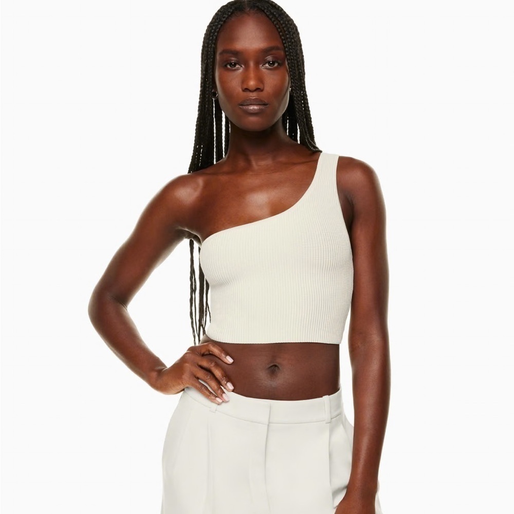 Aritzia Babaton Sclult Knit One Shoulder Ribbed Top in Matte Pearl